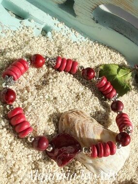 MOTHER OF PEARL TURQUOISE JADE Red Bead and Silver Accent Bracelet